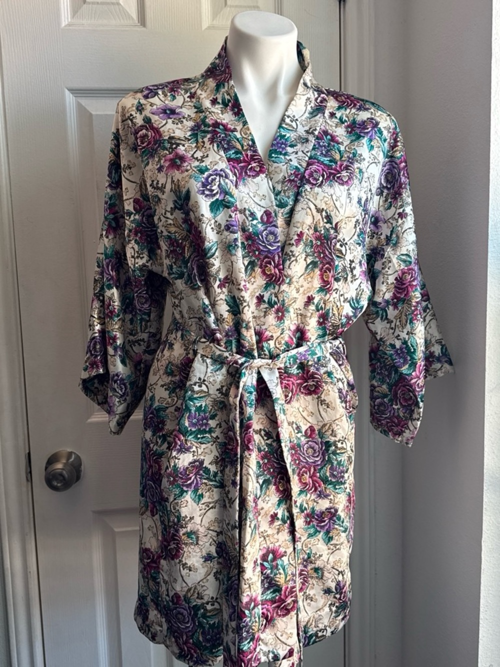 Adonna Cream Satin Kimono Robe with Purple & Teal Floral Print